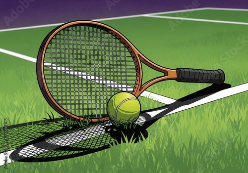 A tennis racket is laying on the grass Wimbledon, copy space. The racket is blue and orange