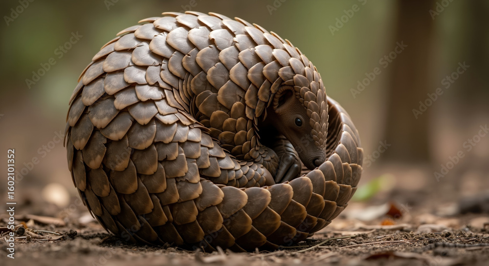 Fototapeta premium Pangolin with armored scales curled in defensive ball position on forest ground. Armored mammal protection behavior and woodland habitat adaptation. Wildlife conservation and endangered species study