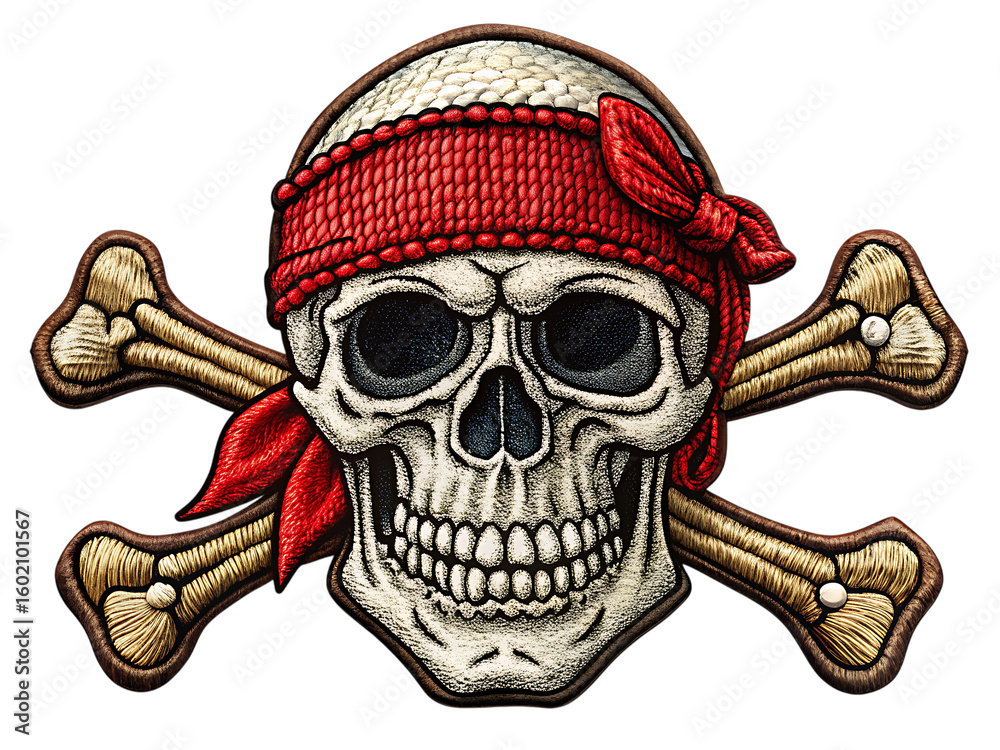 Fototapeta premium Embroidered pirate skull with red bandana and crossed bones isolated on a transparent background crossbones