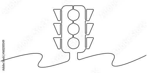 Light traffic one line continuous. Light traffic line art. Hand drawn vector art, Continuous one line drawing of traffic lights with poles to regulate vehicle travel at road intersections. 