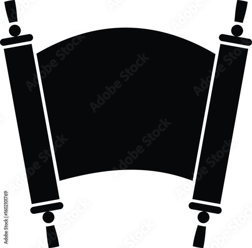 Black silhouette of a traditional parchment scroll icon with vertical rollers on both sides, isolated on white background, ideal for historical, religious, or vintage document-themed designs.
