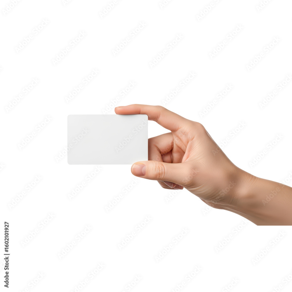 Fototapeta premium A persons hand is holding a blank white card against a transparent background