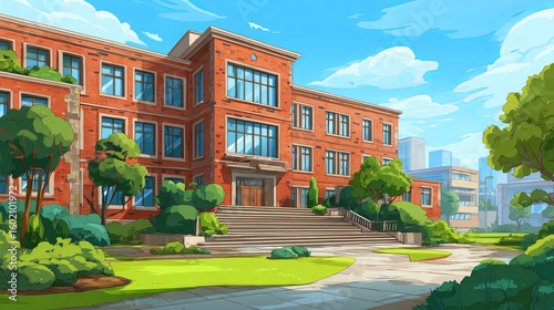 Modern high school building with brick facade and green lawn in urban city park under clear blue sky – cartoon educational architecture illustration