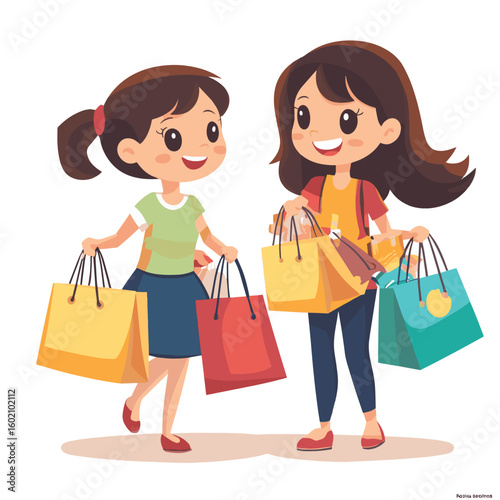 Mom shopping with kids, vector style simple color