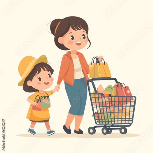 Mom shopping with kids, vector style simple color