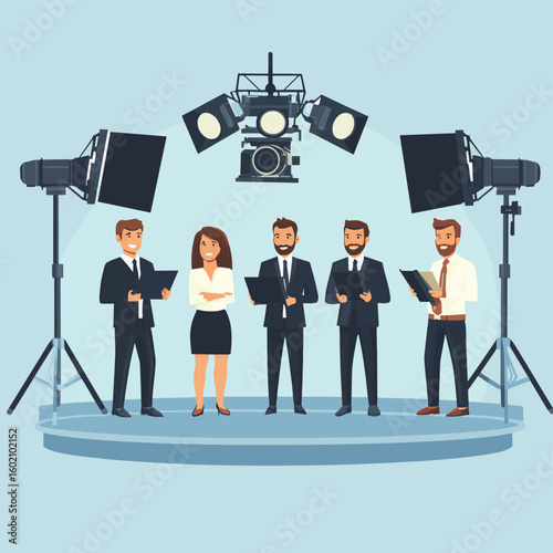 News studio with journalists, vector style simple color