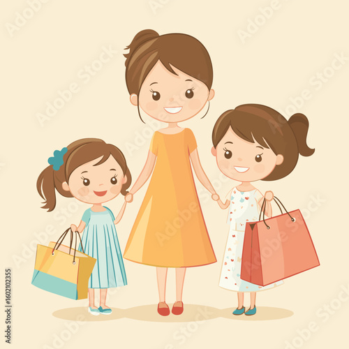 Mom shopping with kids, vector style simple color