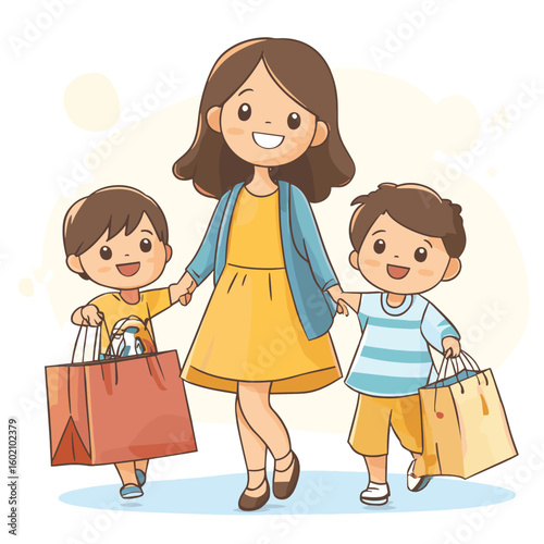 Mom shopping with kids, vector style simple color
