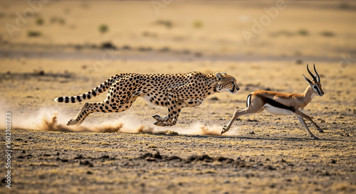 Cheetah chasing gazelle across golden savanna grassland at high speed. Predator hunting behavior and prey escape dynamics. African wildlife and safari observation content