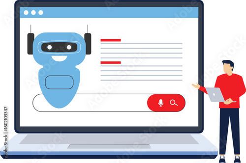 AI based search result concept, Artificial intelligence integrated with search engine, AI search result. AI search application, displaying content based on data. Vector landing page.

