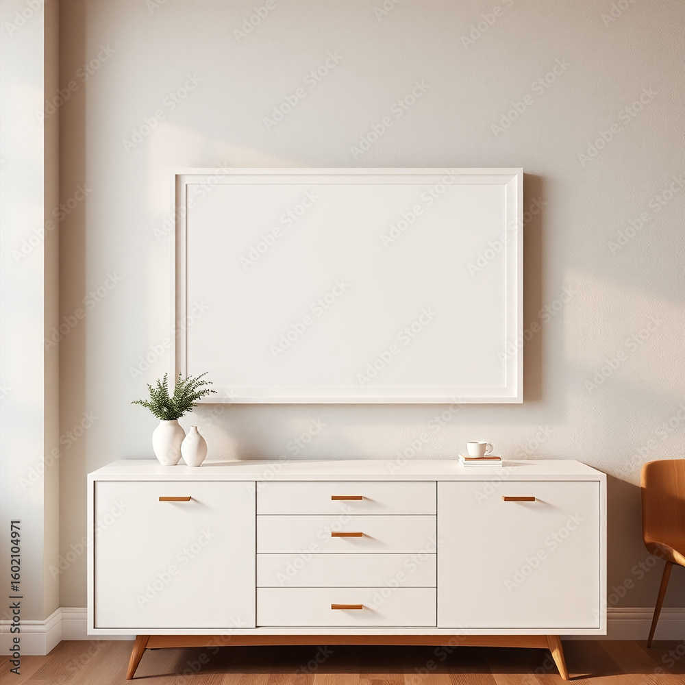 Fototapeta premium blank framed picture mockup in modern dining room interior stylish wall art display above elegant buffet textured plaster walls in soft pastel colors mid-century design aesthetic 3d rendering for arti