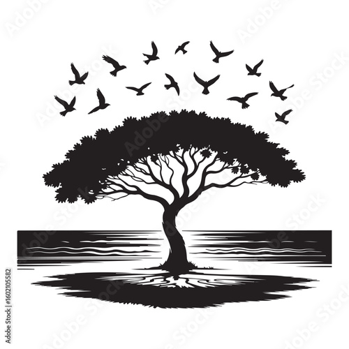 Elegant Black Tree Silhouette Vector on Clean White Background – Perfect for Eco Branding, Organic Packaging, T-Shirts, and Nature-Inspired Commercial Designs . Thank You .

