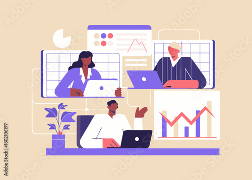Remote teamwork meeting virtual collaboration diverse professionals online business charts data analysis presentation