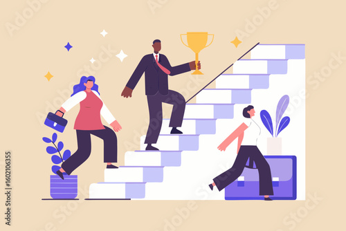 Teamwork achievement success illustration businessman businesswoman stairs growth career leadership goal trophy climbing