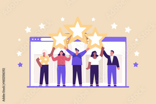 Team celebrating success with gold stars achievement teamwork collaboration victory happy colleagues appreciation