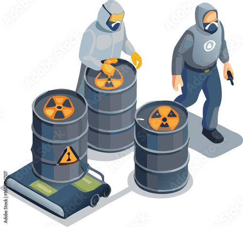 Isometric view of two people in hazmat suits near barrels with radiation symbols and a gun, isolated