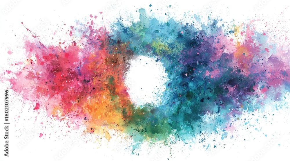 Obraz premium Abstract colorful splatter art; vibrant hues forming a ring around a central white space