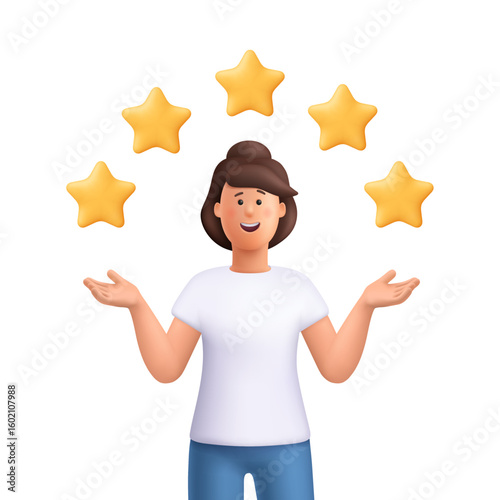 Young smiling woman Jane pointing at five golden stars. Positive feedback, high rating and customer review concept. 3d vector people character. Cartoon minimal style.