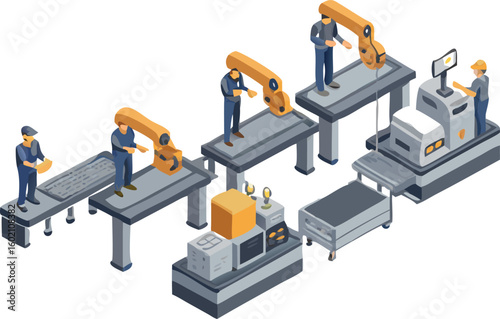 Isometric view of factory assembly line with workers and robotic arms on a white background