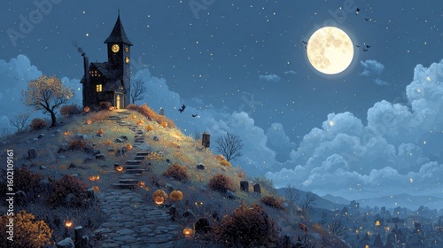  Halloween House on a Hill with Pumpkins, Graveyard, and Full Moon