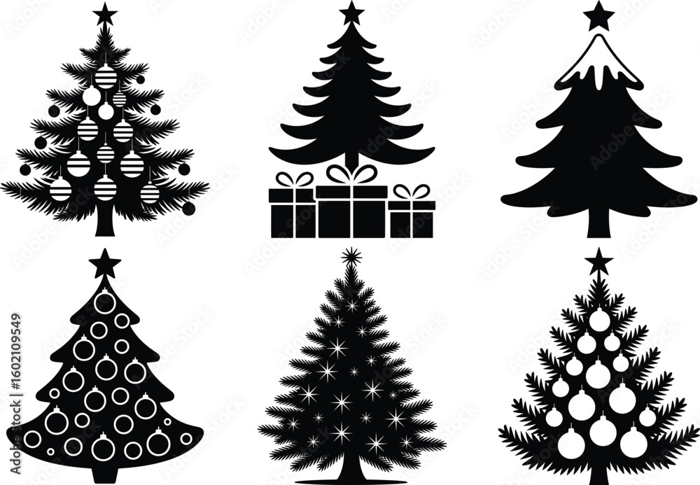 Fototapeta premium Christmas Tree Silhouette Bundle - Festive Pine, Decorated Trees & Holiday SVG Collection. Minimalist Christmas Tree, Classic Christmas Tree, Holiday Tree Silhouette, Cute & Elegant Christmas Tree.