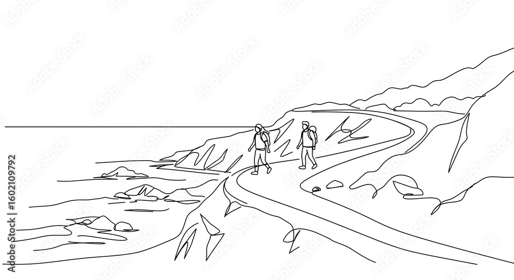 Fototapeta premium People Hiking Along Coastal Trail with Ocean View Line Art