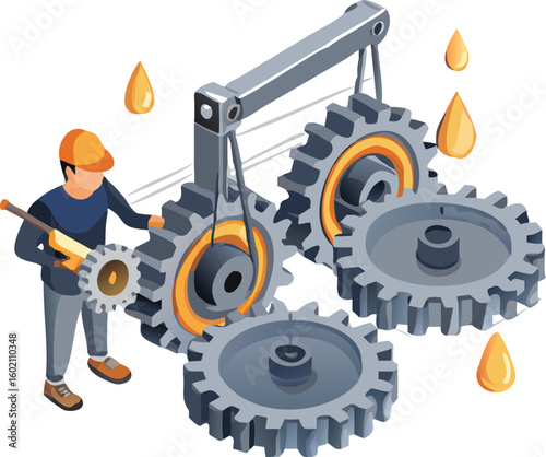 Isometric view of a mechanic with gears and oil drops in a maintenance setting for industrial work