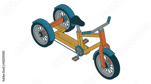 A cartoon illustration of a tricycle with orange frame and blue fenders on a white background view