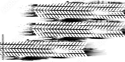 Tire tread marks, wheel textures, tire marks - car racing, motocross, drift, rally, off-road and others. Vector black isolated texture in grunge style with splashes.eps10