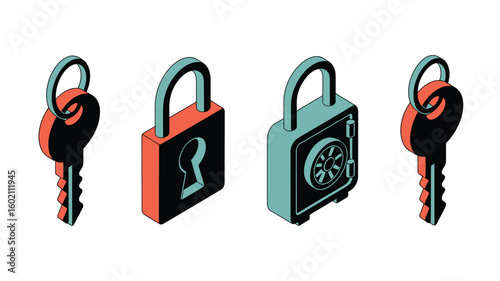 Isometric illustration of two keys and two locks in red and blue on a white background