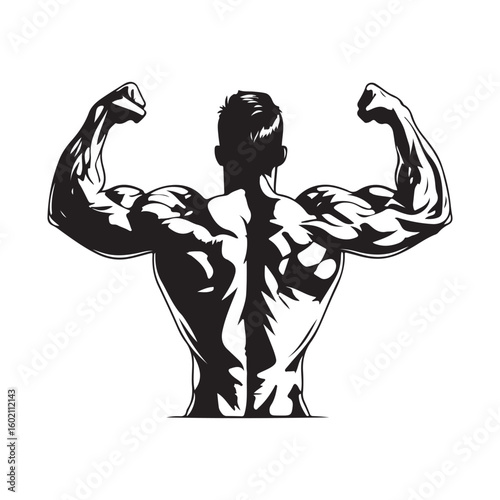 Bodybuilder flexing muscles back view black and white illustration