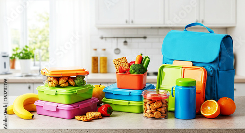 Colorful Lunch Containers and Healthy Snacks in Kitchen