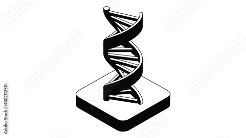 Isometric illustration of a dna double helix model on a square base in black and white style