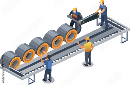 Isometric view of factory workers handling metal coils on a conveyor belt in a manufacturing plant