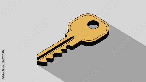A golden key with a black outline and a long gray shadow on a light gray background in a flat design
