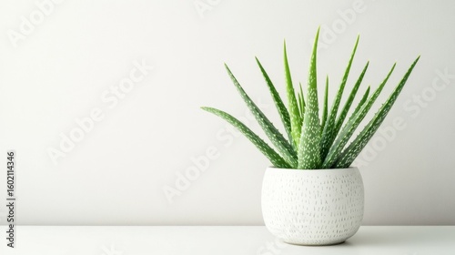 Fresh Aloe Vera Plant in Modern White Pot on Minimalist Background