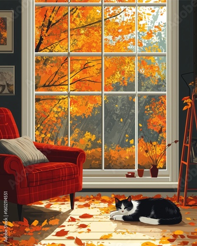 Autumn park scene viewed from cozy living room with classic furniture and large window