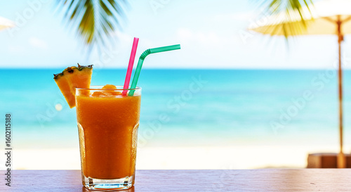 Tropical Fruit Smoothie on Beach with Ocean View