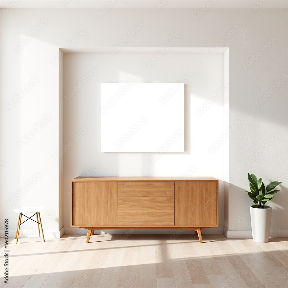 Fototapeta premium frame mockup for wall art in a dining room featuring textured plaster wall in soft pastel tones with mid-century modern aesthetic stylish interior design iso a2 landscape perfect for home decor presen