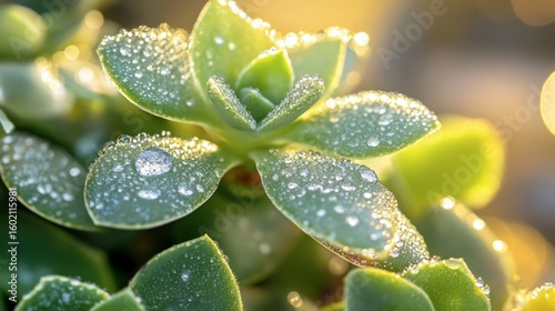 Dew-covered succulent leaves glowing in soft morning sunlight
