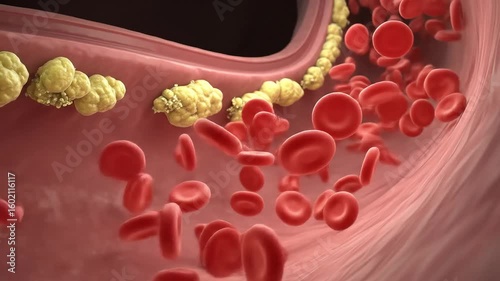 Detailed 3D Render of Blood Vessels with Red Blood Cells and Yellow Deposits Illustrating Health and Medical Concepts