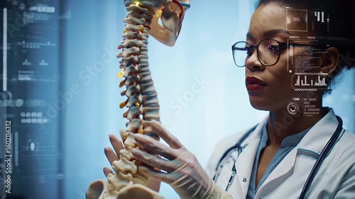 Female Doctor in White Coat Examines Human Spinal Model with Digital Interface Display in Modern Clinic Setting and Medical Gloves