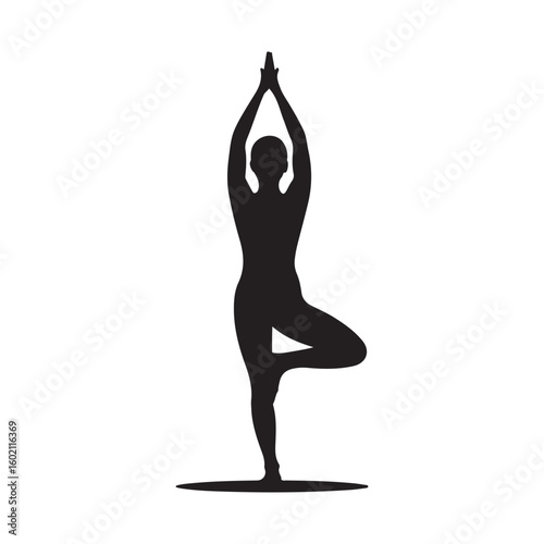 Yoga tree pose silhouette on white background