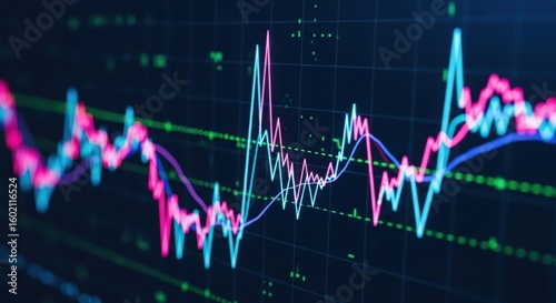 Vibrant fluctuating financial market trend graph displaying volatile stock price movements with bright neon lines on a dark screen