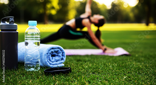 Yoga Woman with Fitness Gear in Park at Sunset