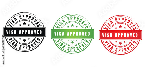 Visa Approved Stamp Vector Set, Immigration Approval Badge, Travel Permit Seal, Editable Rubber Stamp Design