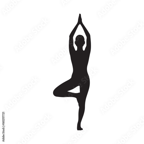 Yoga tree pose silhouette on white background