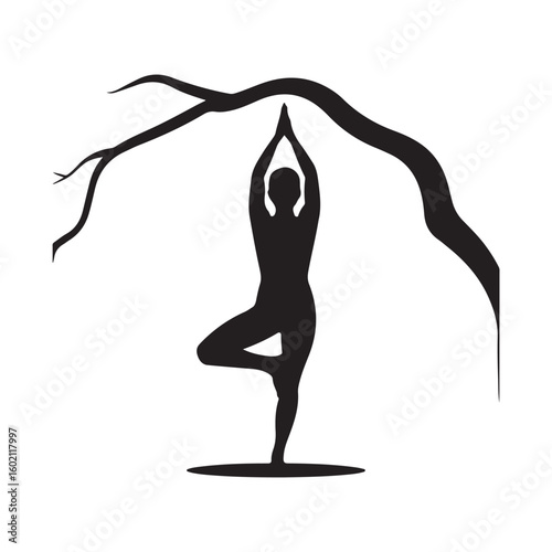 Yoga tree pose silhouette illustration on white background