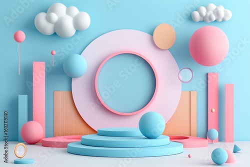 Dreamy pastel space with floating 3d spheres and elegant glass rings in ethereal atmosphere