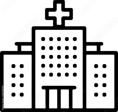 Simple line art icon of a modern hospital building with a cross symbol on top